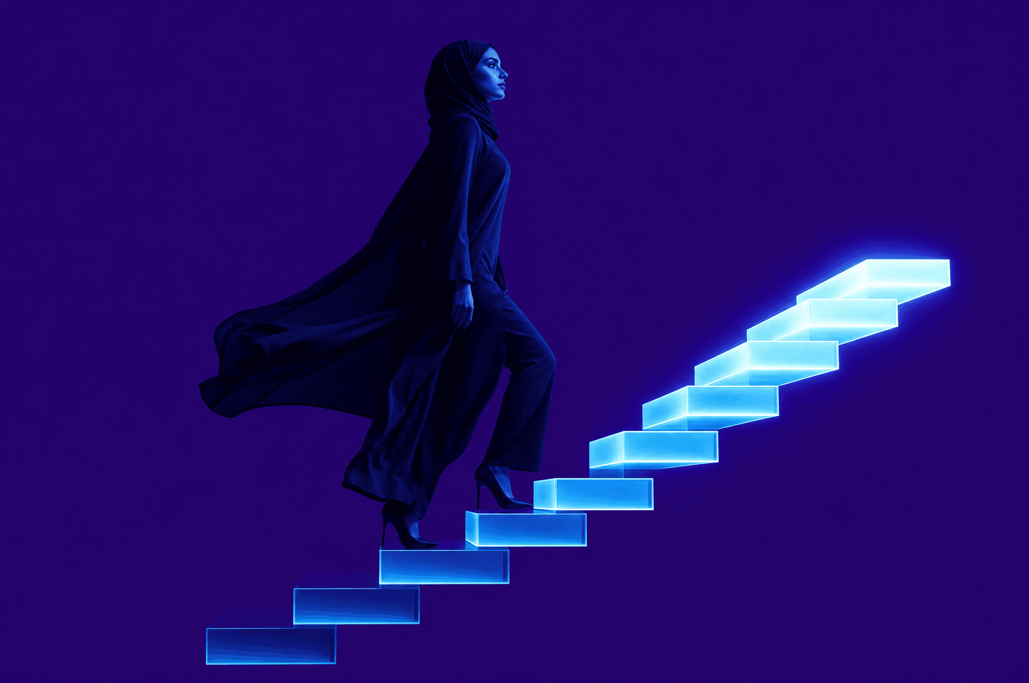 A staircase of glowing steps rising through a dark field, the climb from page four to the first page