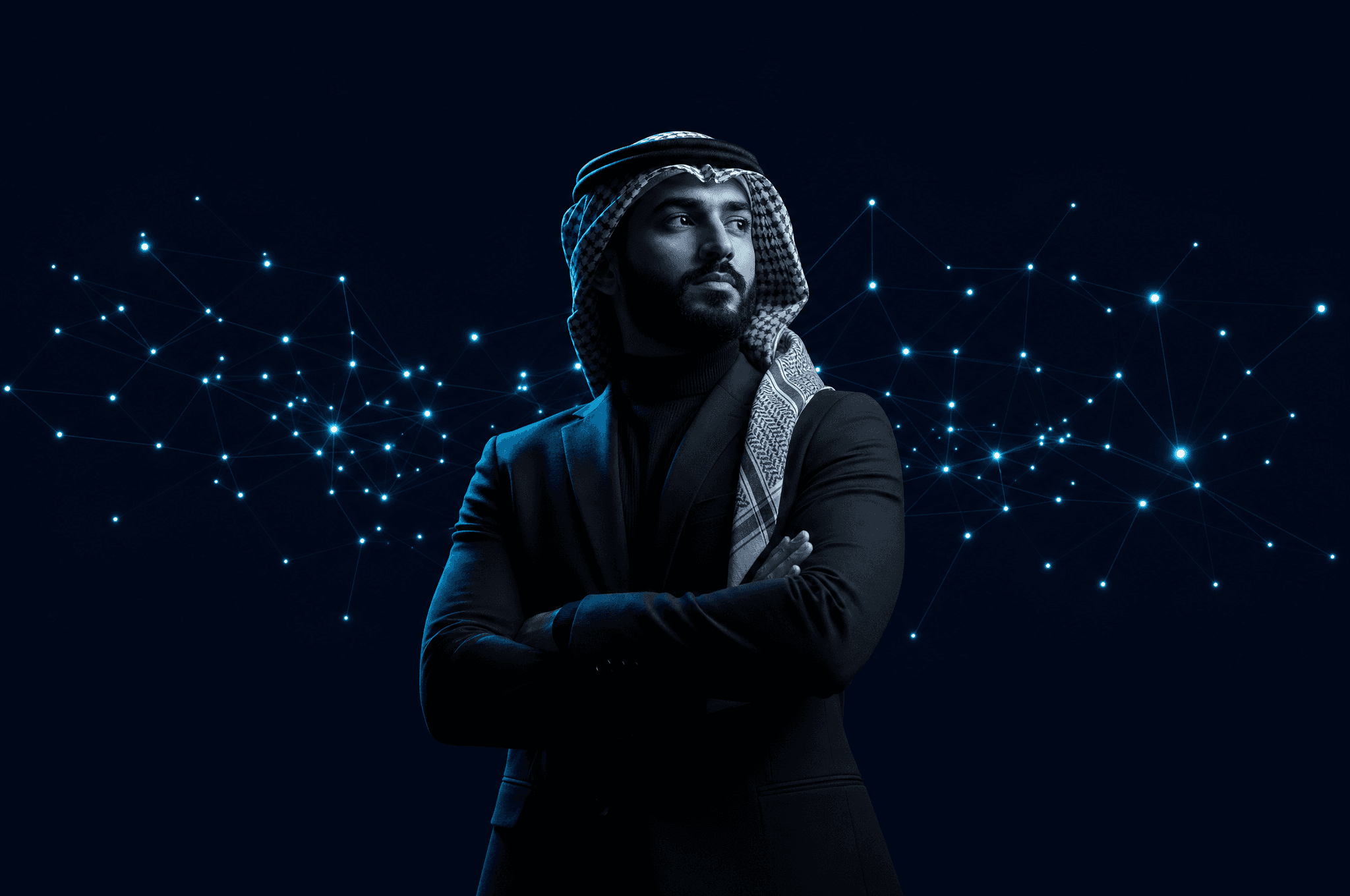 A Saudi business owner, arms crossed, looking to one side in front of a web of connected points, weighing his choice of AI adoption partner