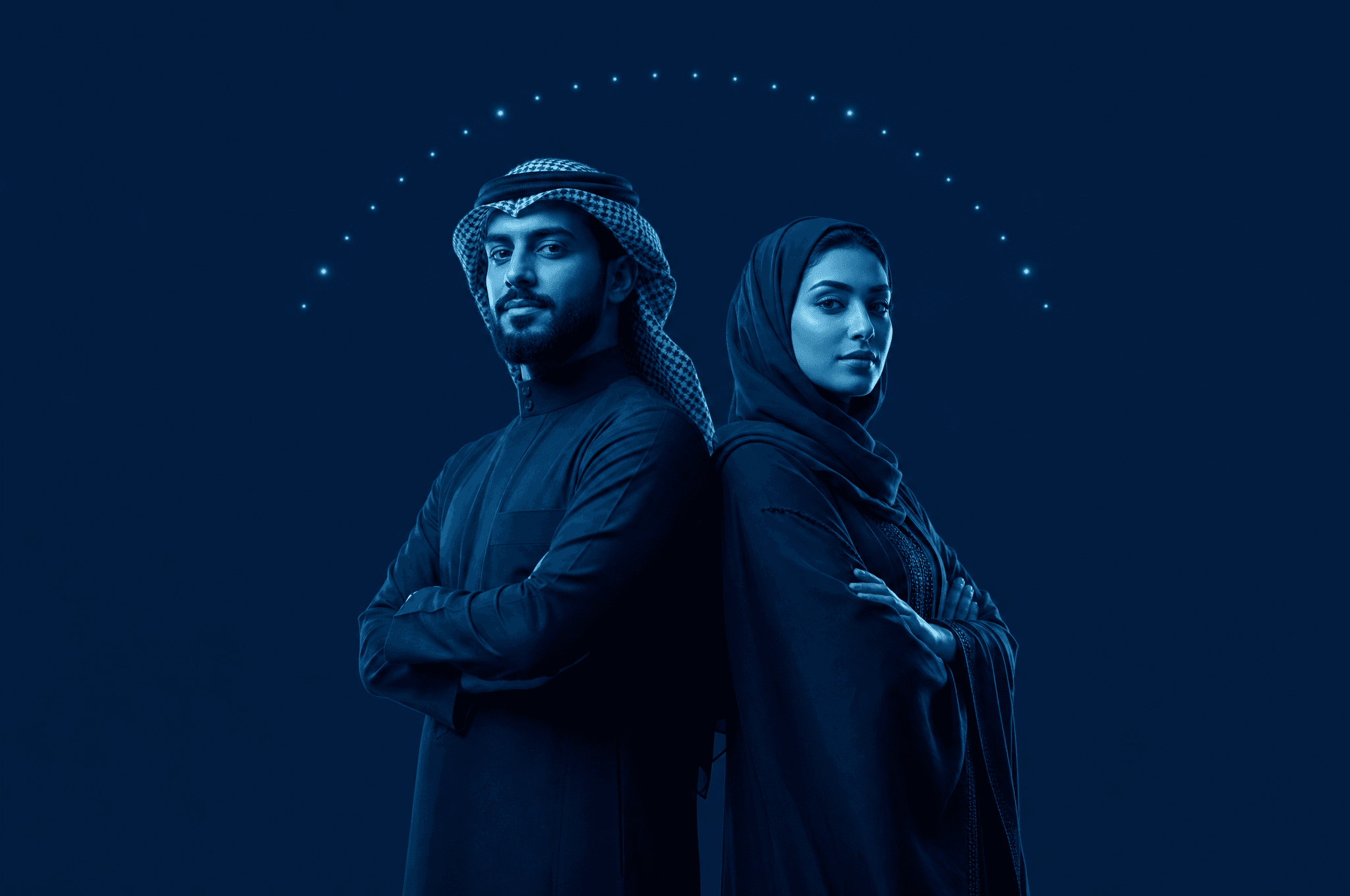 Two Saudi founders standing back to back under an arc of lit nodes, the two people behind an AI agency that runs on defined AI roles