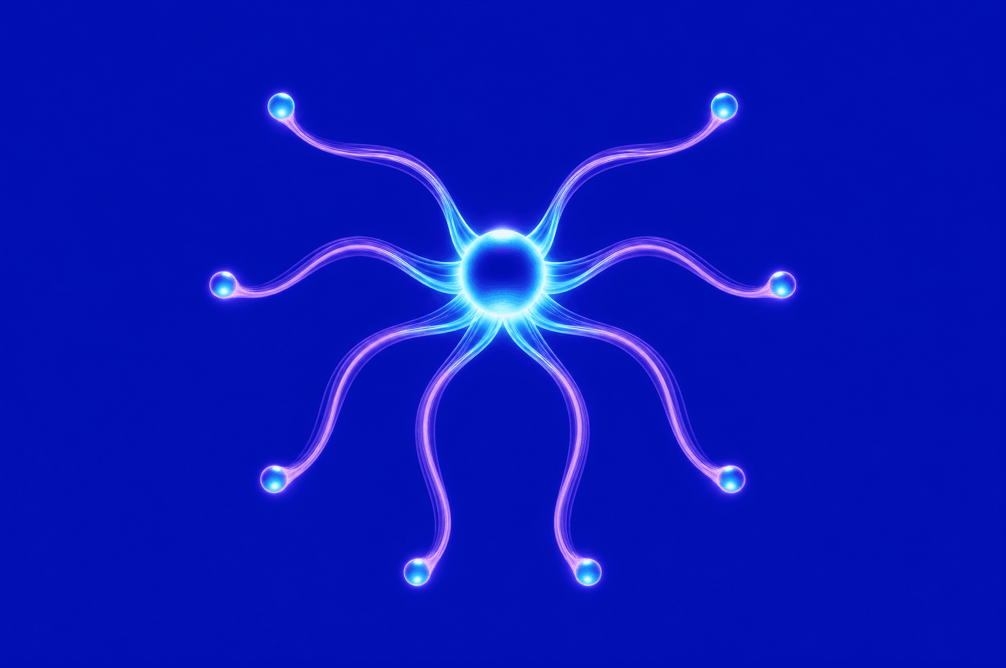 A glowing central node with eight luminous arms reaching outward, an agent connected to every system it is allowed to touch