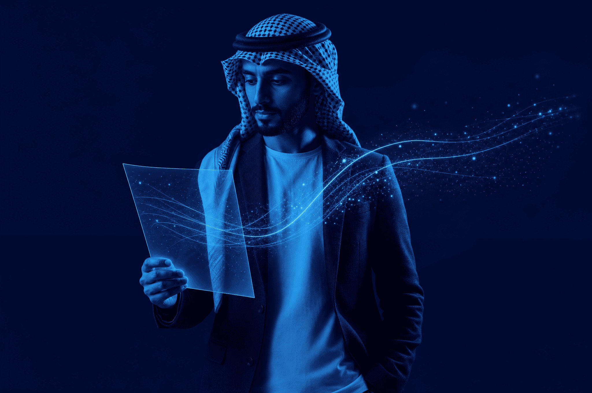 A Saudi business owner reading a glowing sheet of connected lines, the plan for implementing AI in his company