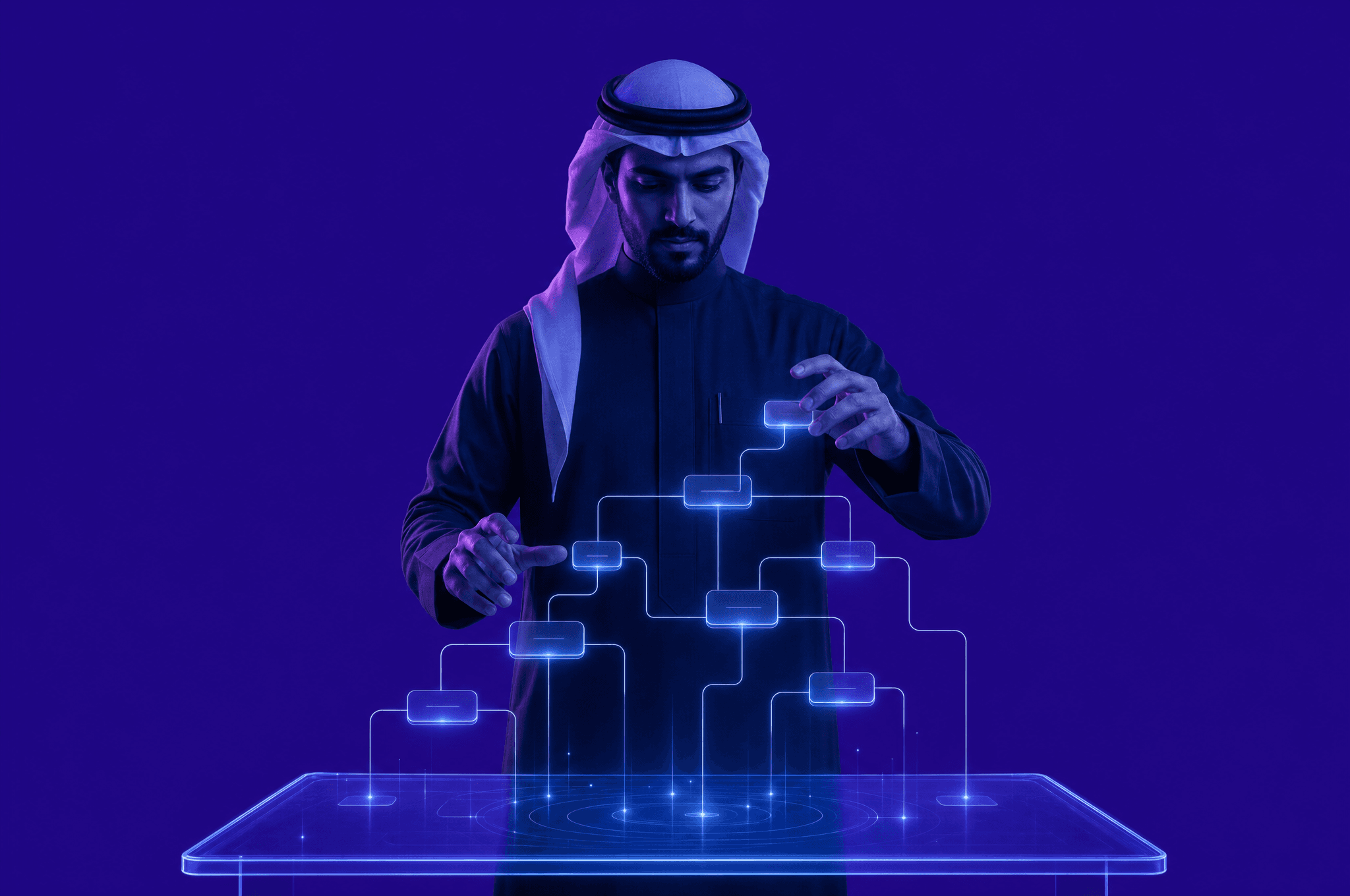 A Saudi executive arranging a glowing flowchart of connected steps above a table, the framework's logic laid out in order